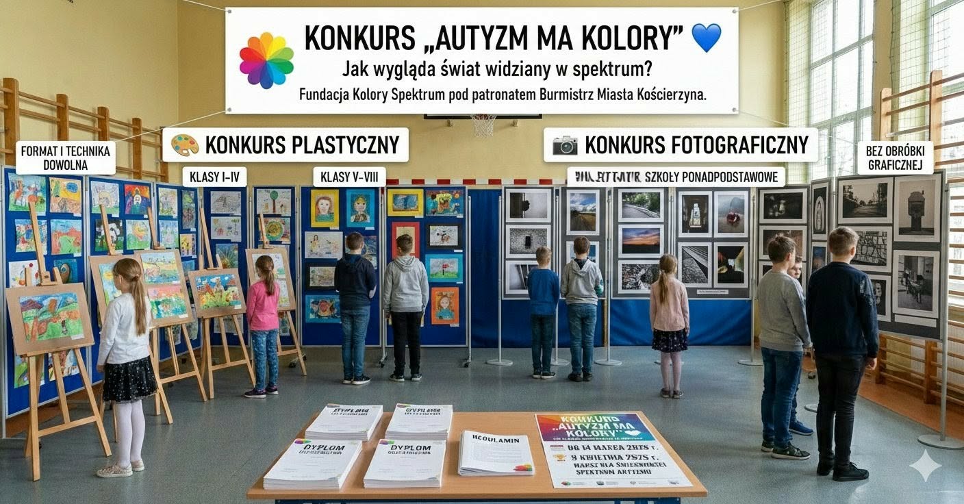 Wystawa prac plastycznych i fotograficznych w szkolnej sali podczas konkursu „Autyzm ma kolory”; dzieci oglądają wyeksponowane rysunki i zdjęcia.